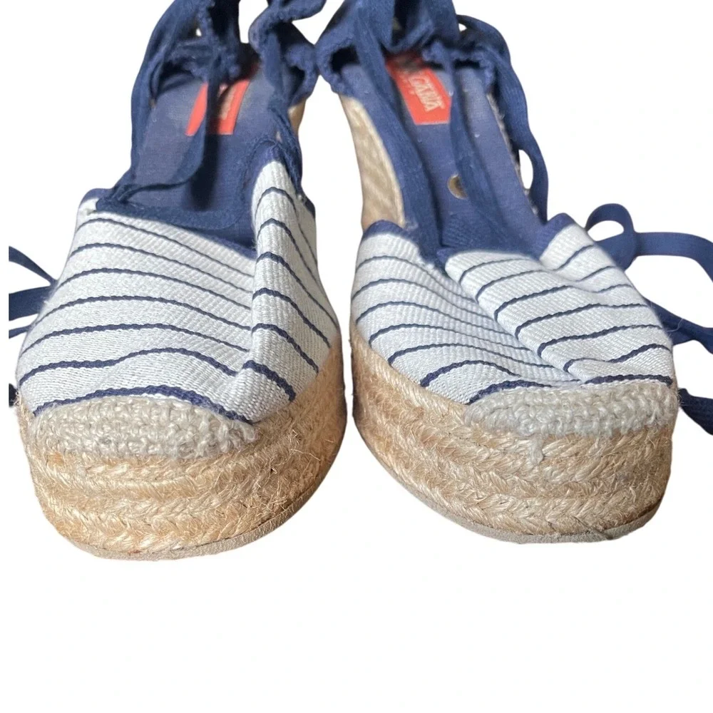 Pare Gabia France Blue White Stripe Lace Up Ankle Wedge Espadrilles Handmade 8.5